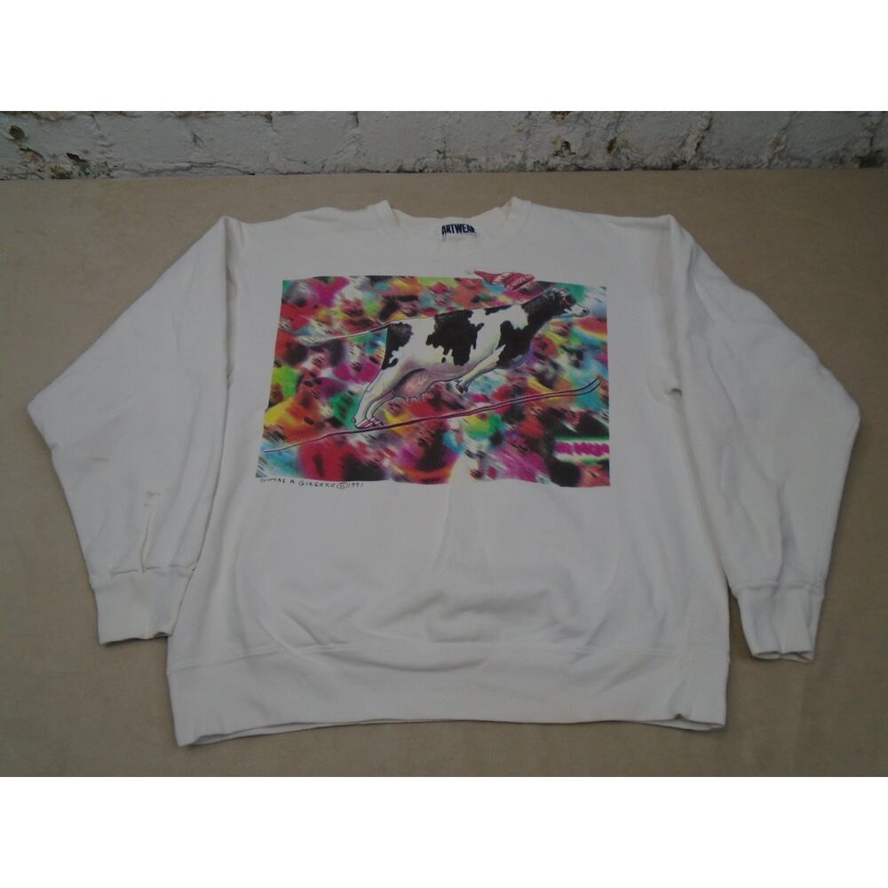 Vintage 90s Artwear Thomas Gieseke Cow Skiing Graphic Funny Sweatshirt Size M